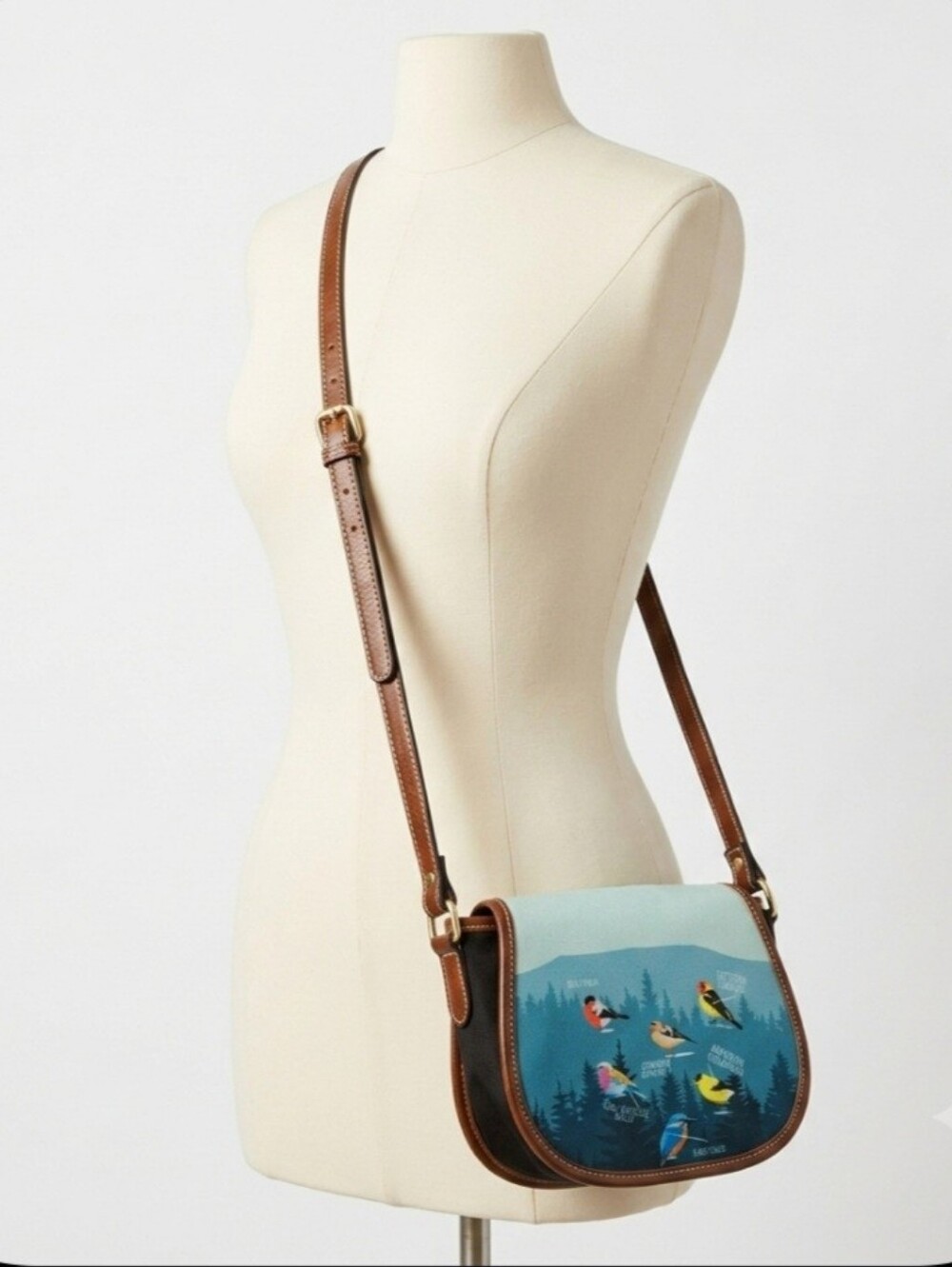 Bird Print Crossbody Saddle Bag in Teal and Brown